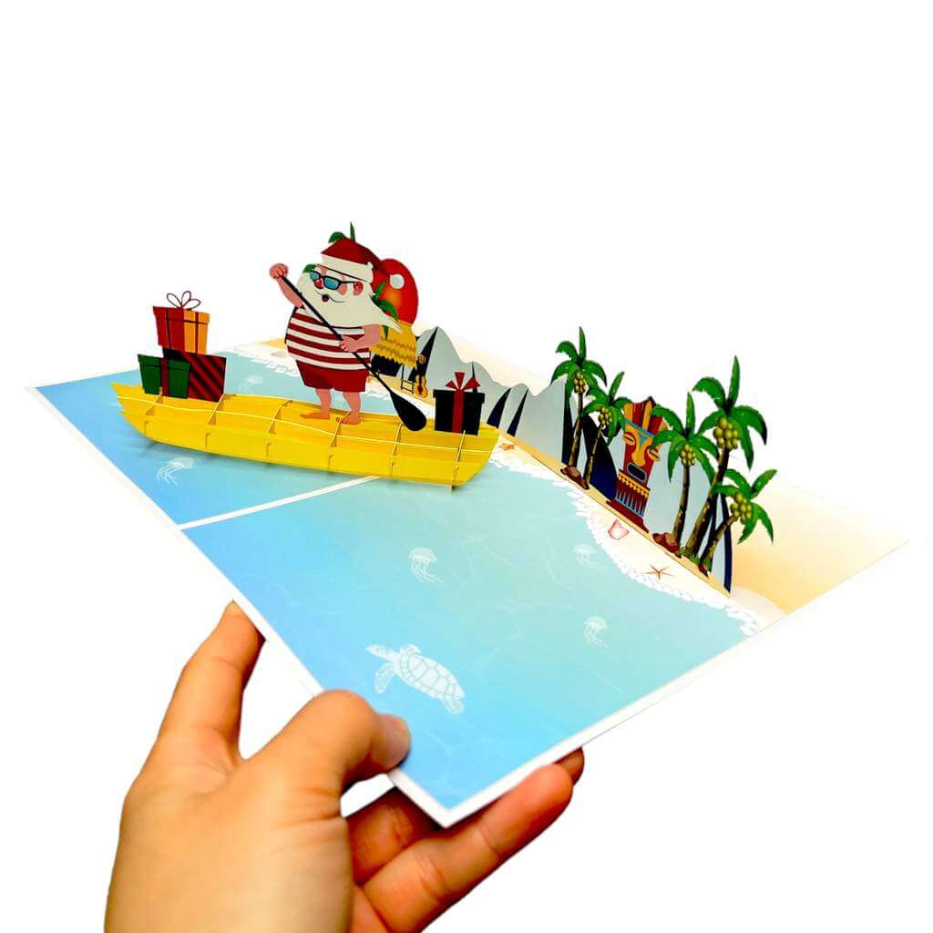Australian Santa on Surfboard at Bondi Beach 3d christmas Pop up greeting Card
