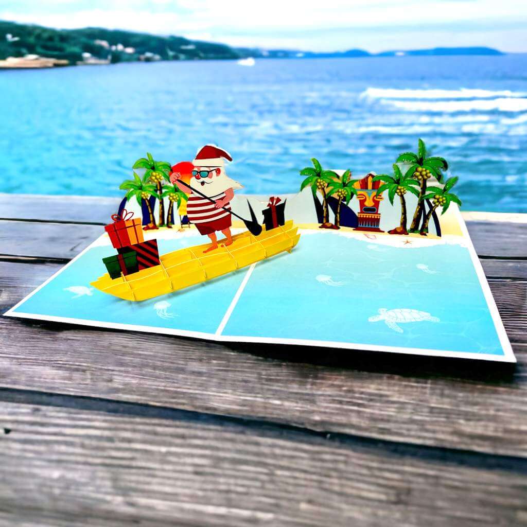 Australian Santa on Surfboard at Bondi Beach 3d christmas Pop up greeting Card