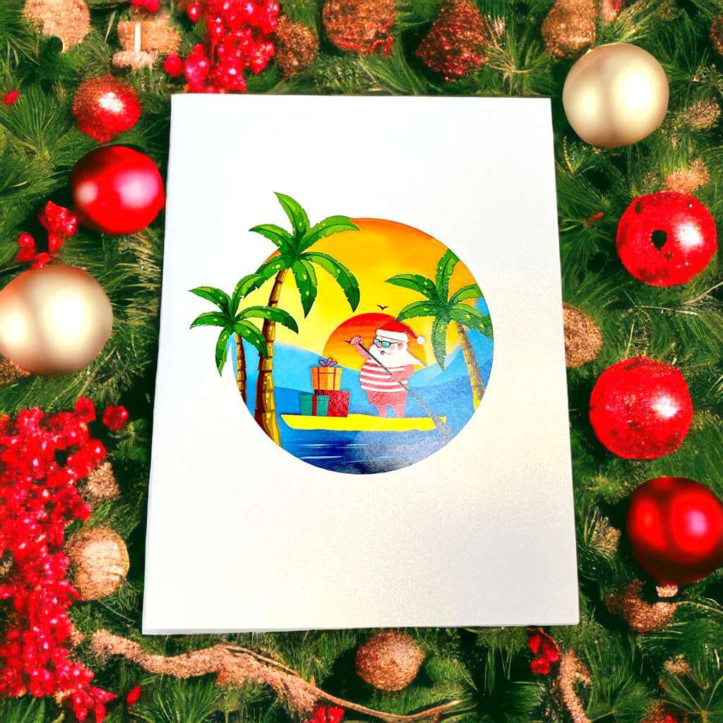 Australian Santa on Surfboard at Bondi Beach 3d christmas Pop up greeting Card