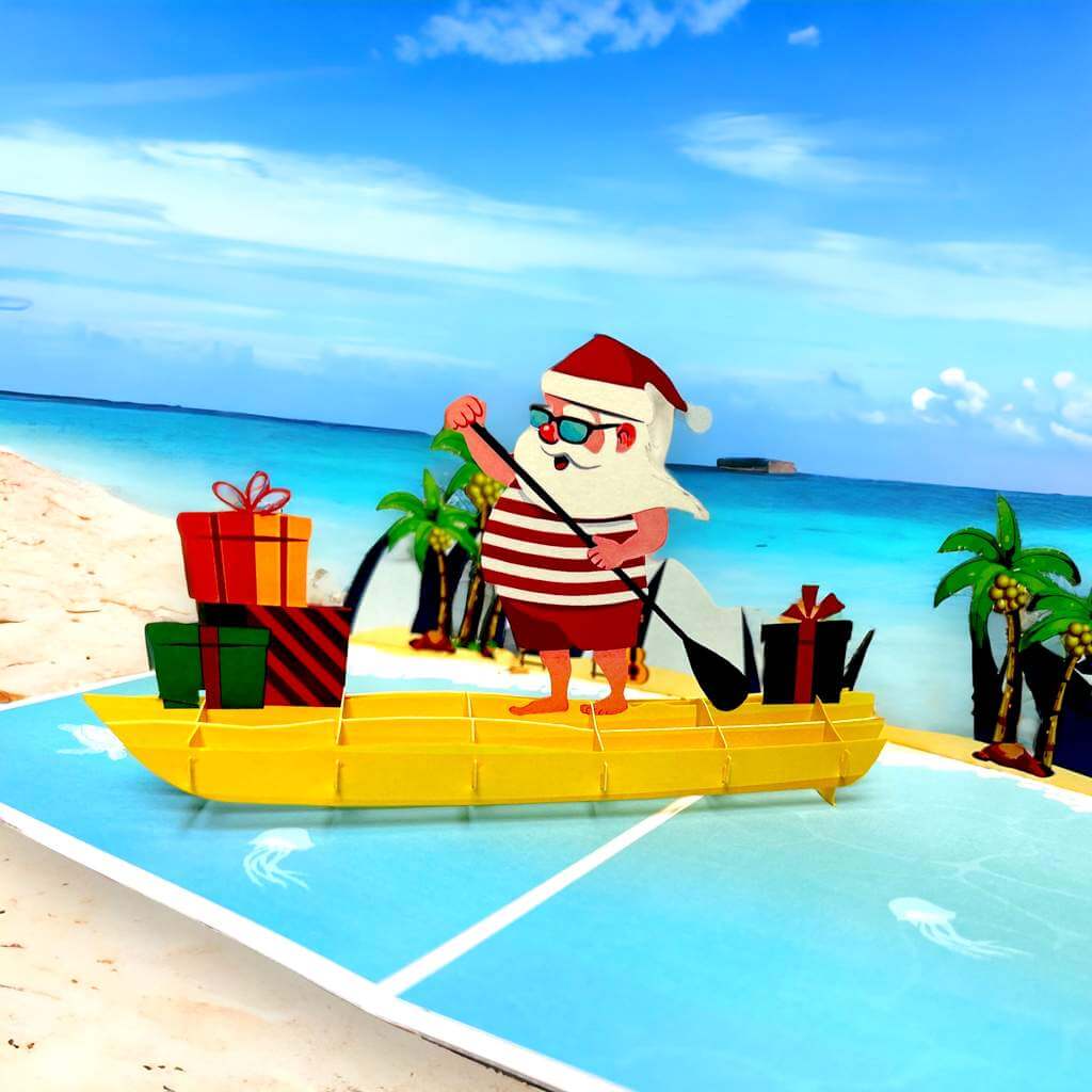 Australian Santa on Surfboard at Bondi Beach 3d christmas Pop up greeting Card