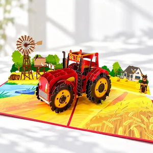 Detailed red tractor pop-up birthday card in a golden farm setting