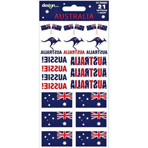 Sheet of Aussie temporary tattoos with flags and kangaroos