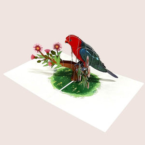 Handmade Australian King Parrot On Pink Gum Blossoms 3D Origami Pop Up Greeting Card