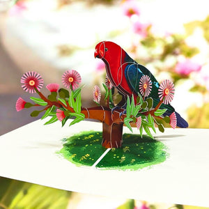 Handmade Australian King Parrot On Pink Gum Blossoms 3D Origami Pop Up Greeting Card