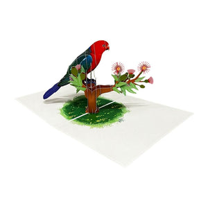 Handmade Australian King Parrot On Pink Gum Blossoms 3D Origami Pop Up Greeting Card