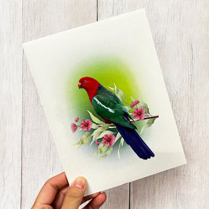 Handmade Australian King Parrot On Pink Gum Blossoms 3D Origami Pop Up Greeting Card