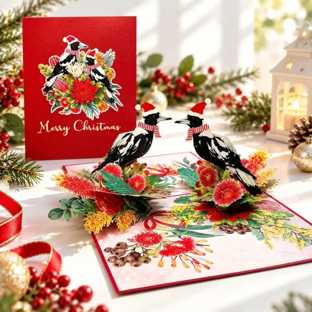 Pair of Australian magpies Christmas 3D pop-up card