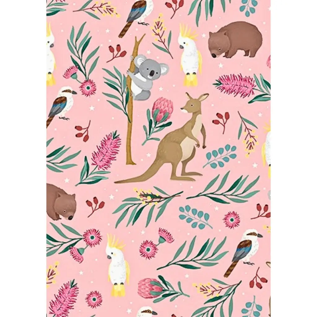 Australian native animals wrapping paper pink background