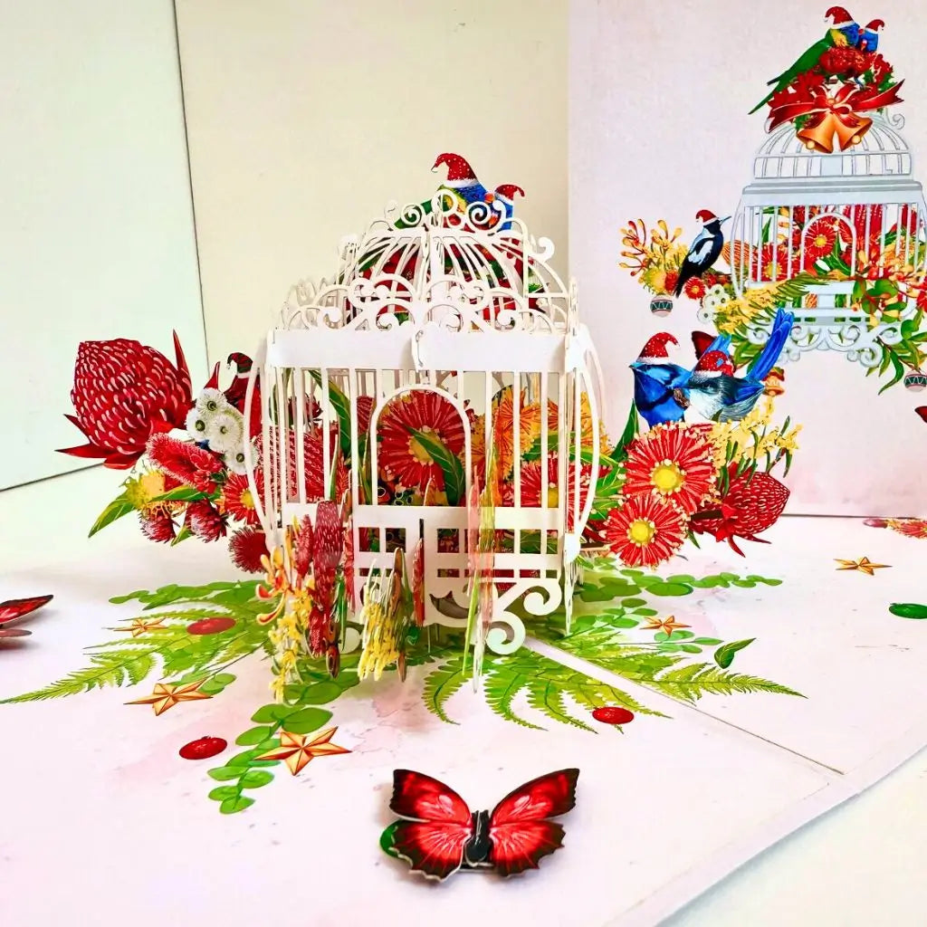 Christmas pop-up card featuring native flora and festive birds