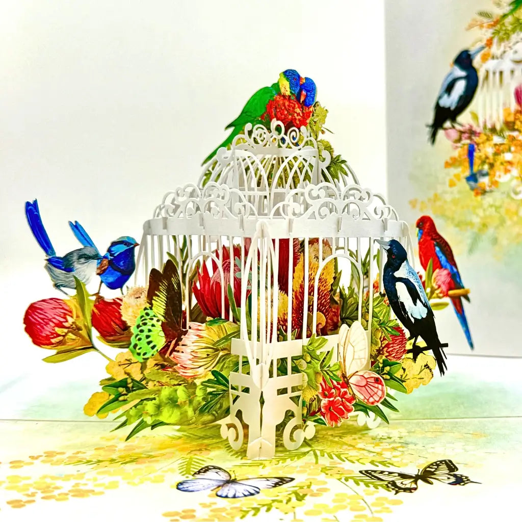 Australian Native Bird Cage with flowers and butterflies 3D Pop Up Greeting Card