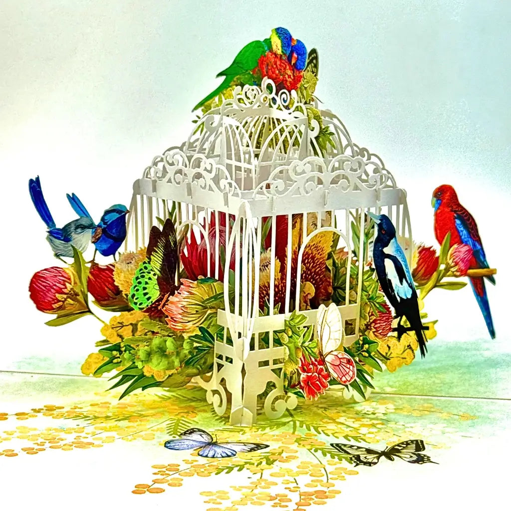 Australian Native Bird Cage with flowers and butterflies 3D Pop Up Greeting Card
