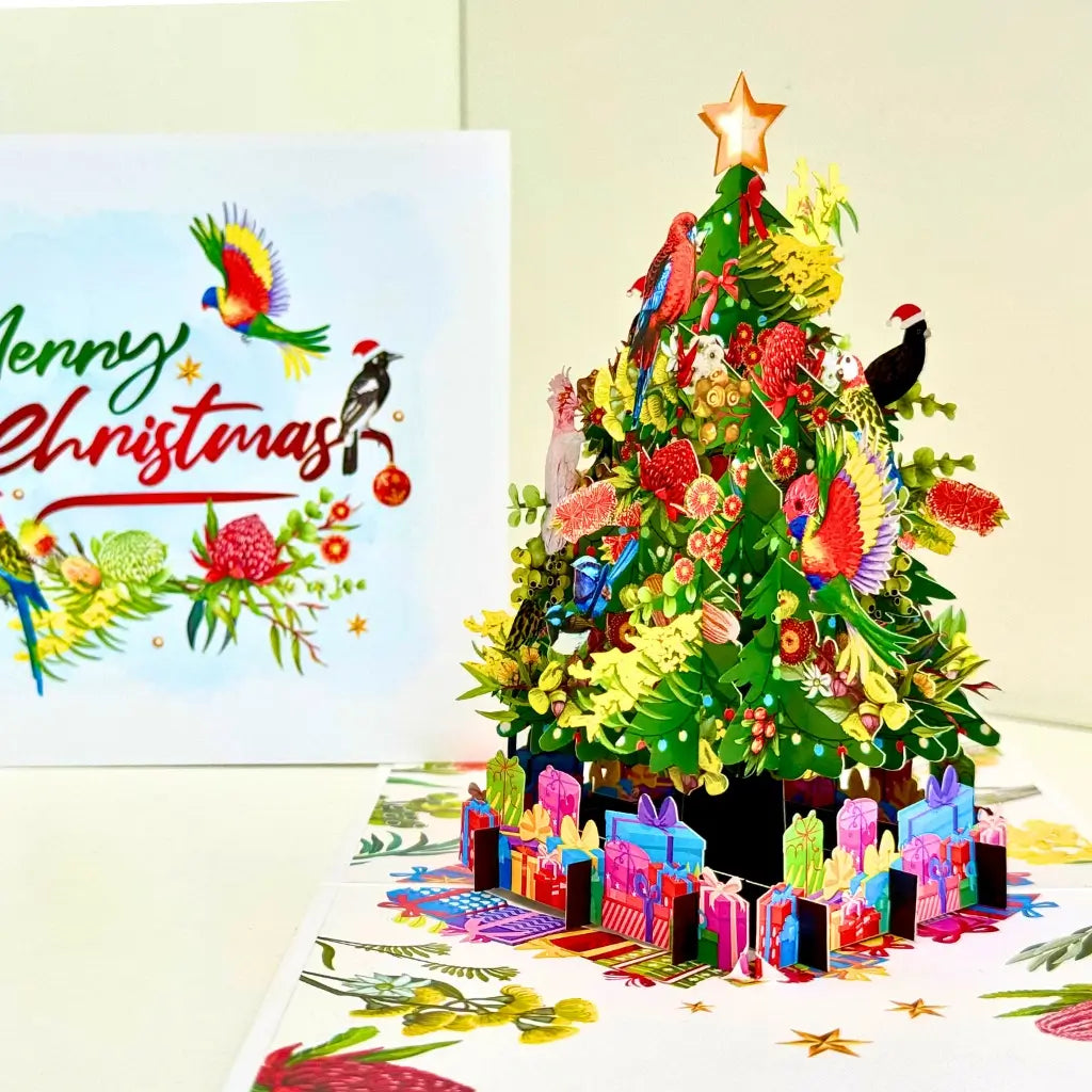 Handmade Aussie Christmas card with rainbow lorikeets and cockatoos