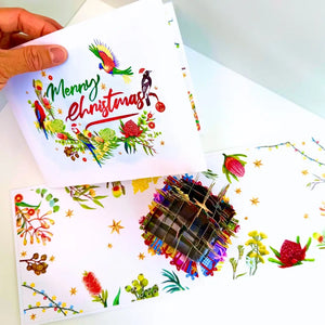 Festive 3D greeting card with Aussie birds and colorful presents
