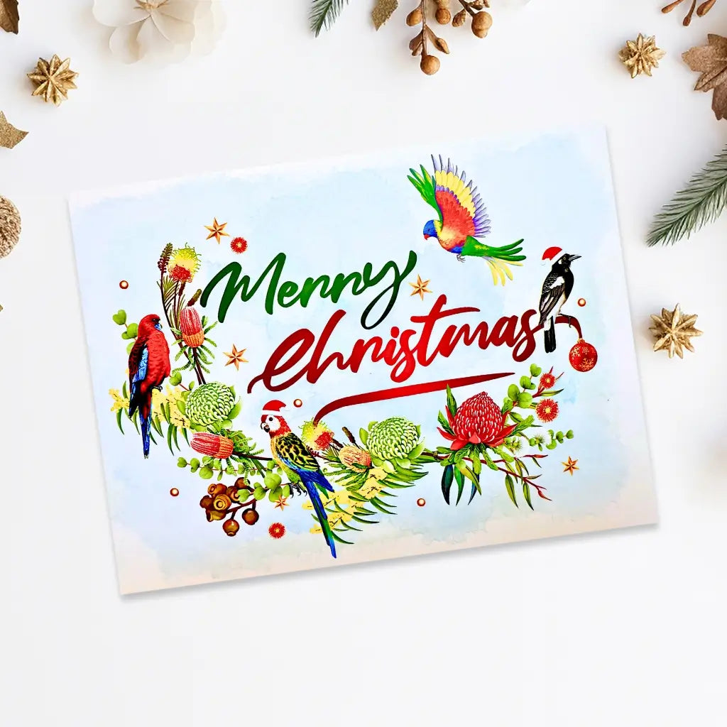 Australian native birds Christmas pop-up card with wattle and waratah