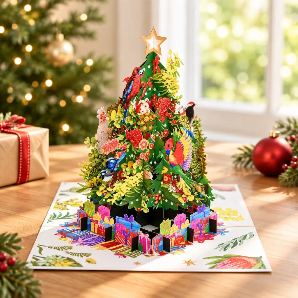 Australian Native Birds & Flowers Christmas Tree Pop-Up Greeting Card