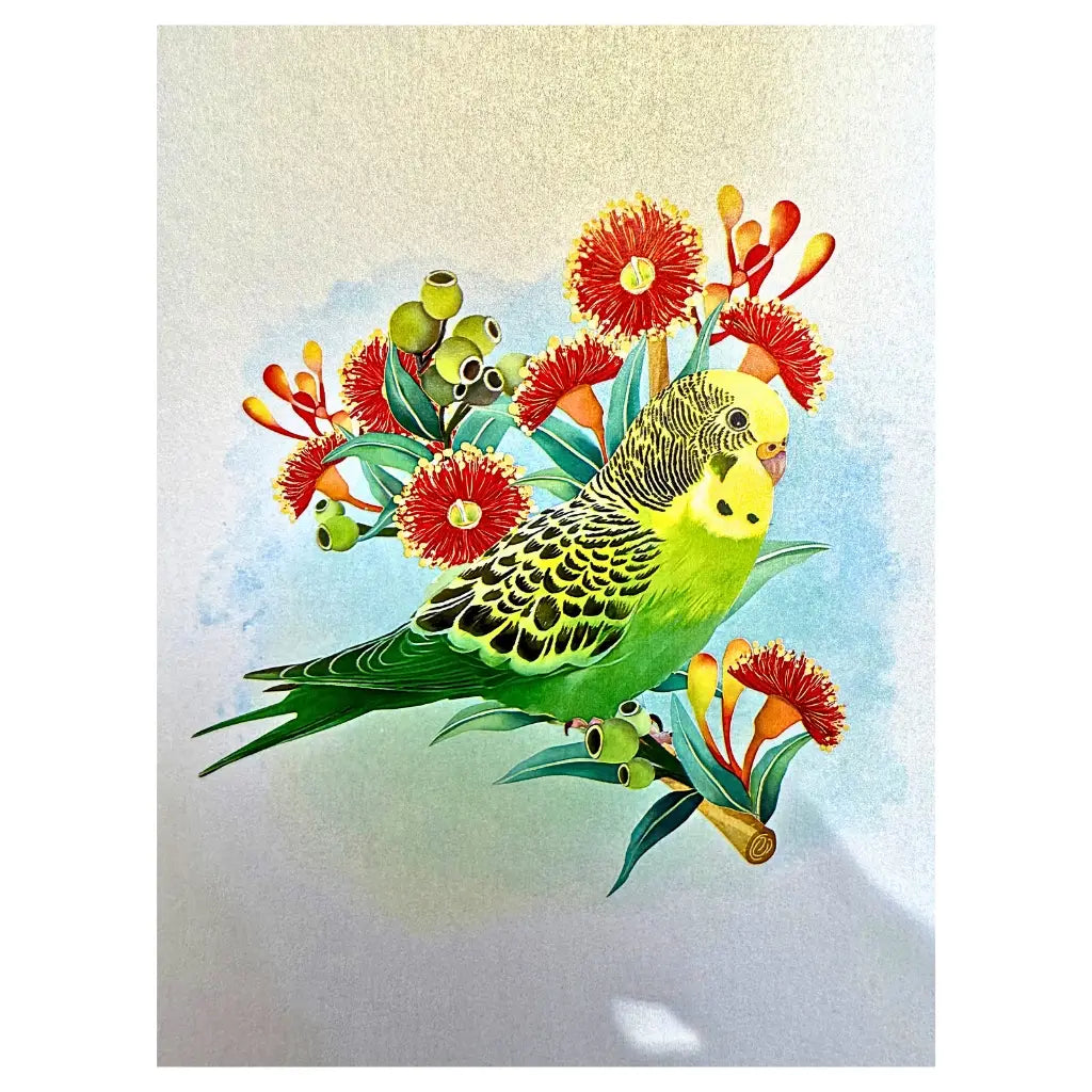 Green and yellow budgie 3D pop-up greeting card front view