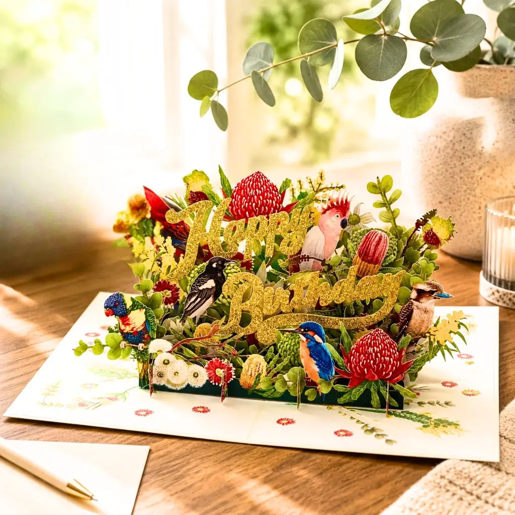 Australian Native Garden &amp; Birds Happy Birthday 3D Pop Up Greeting Card