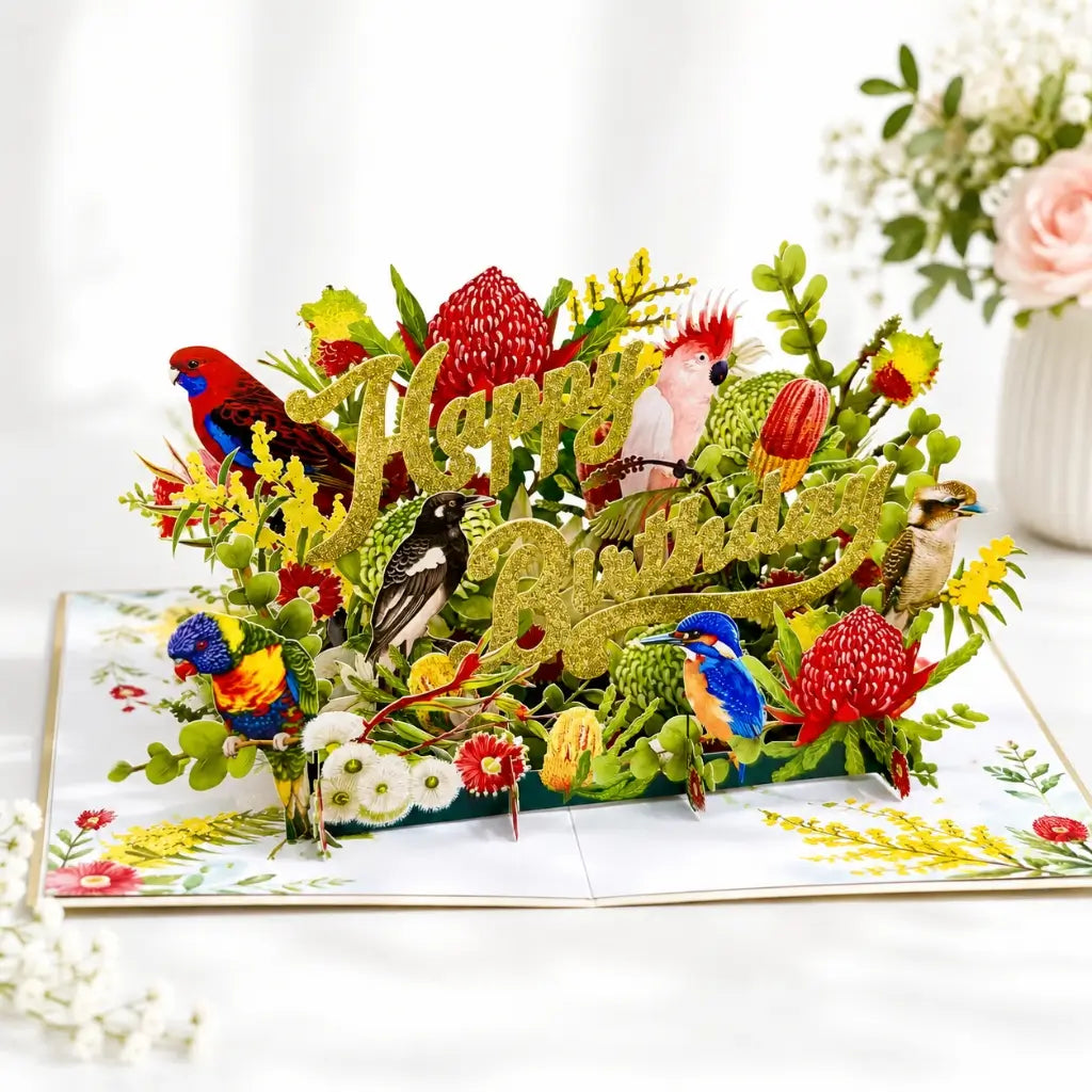 Australian Native Garden &amp; Birds Happy Birthday 3D Pop Up Greeting Card