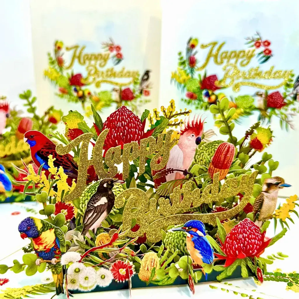 Handmade 3D birthday card with Australian native birds and flowers