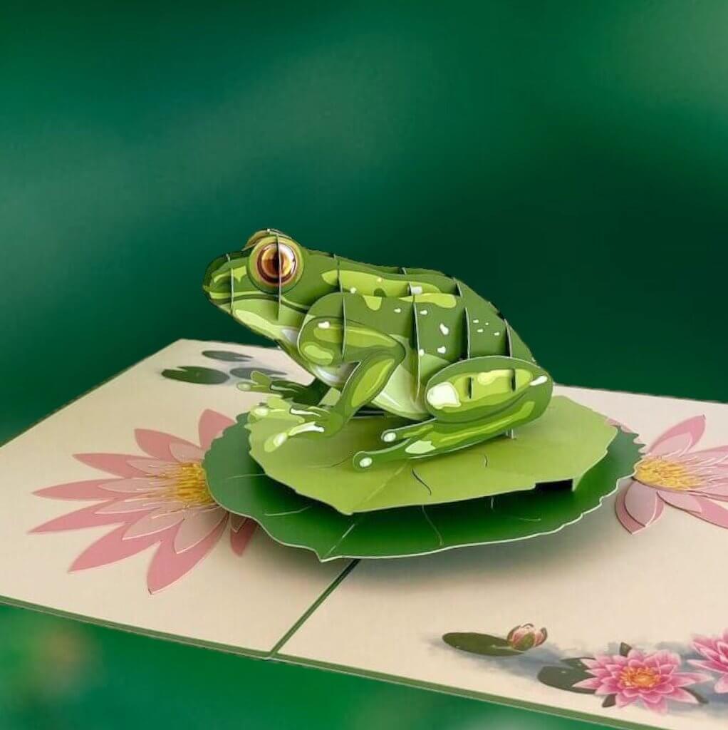 Australian Green Tree Frog 3D Pop-Up Card – handmade greeting card with lotus pad design