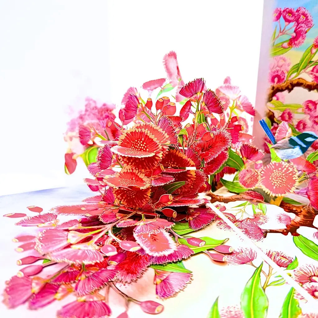 3D pop-up card with pink gumnut blossoms and blue Fairy-Wrens