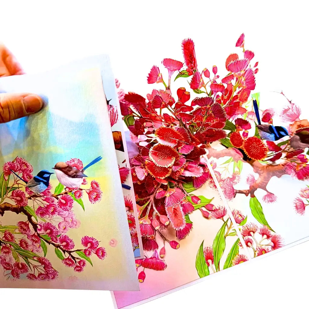 Vibrant summer garden pop-up card with Fairy-Wrens flying