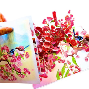 Vibrant summer garden pop-up card with Fairy-Wrens flying
