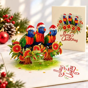 Rainbow lorikeet family Christmas 3D pop-up greeting card with three colourful parrots