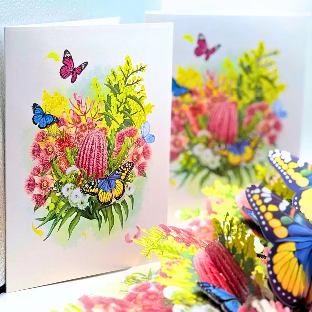 Spring Australian Native Garden & butterflies 3D pop-up greeting card