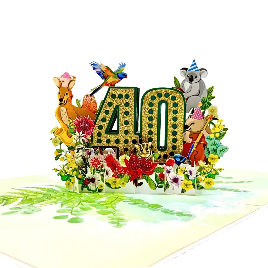 Golden 40 pop up greeting card with Aussie animals