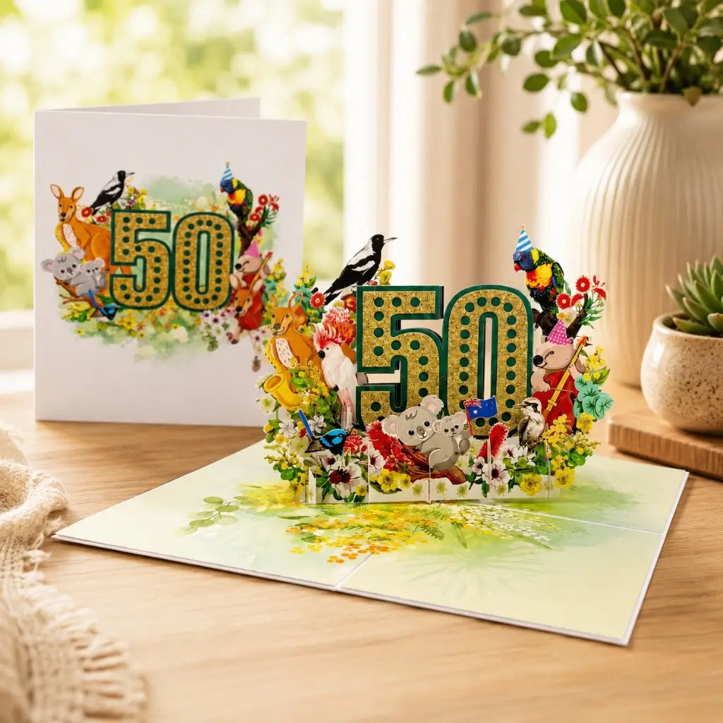 Australian themed 50th birthday card with flowers