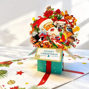Australian wildlife Christmas greeting card with festive flowers