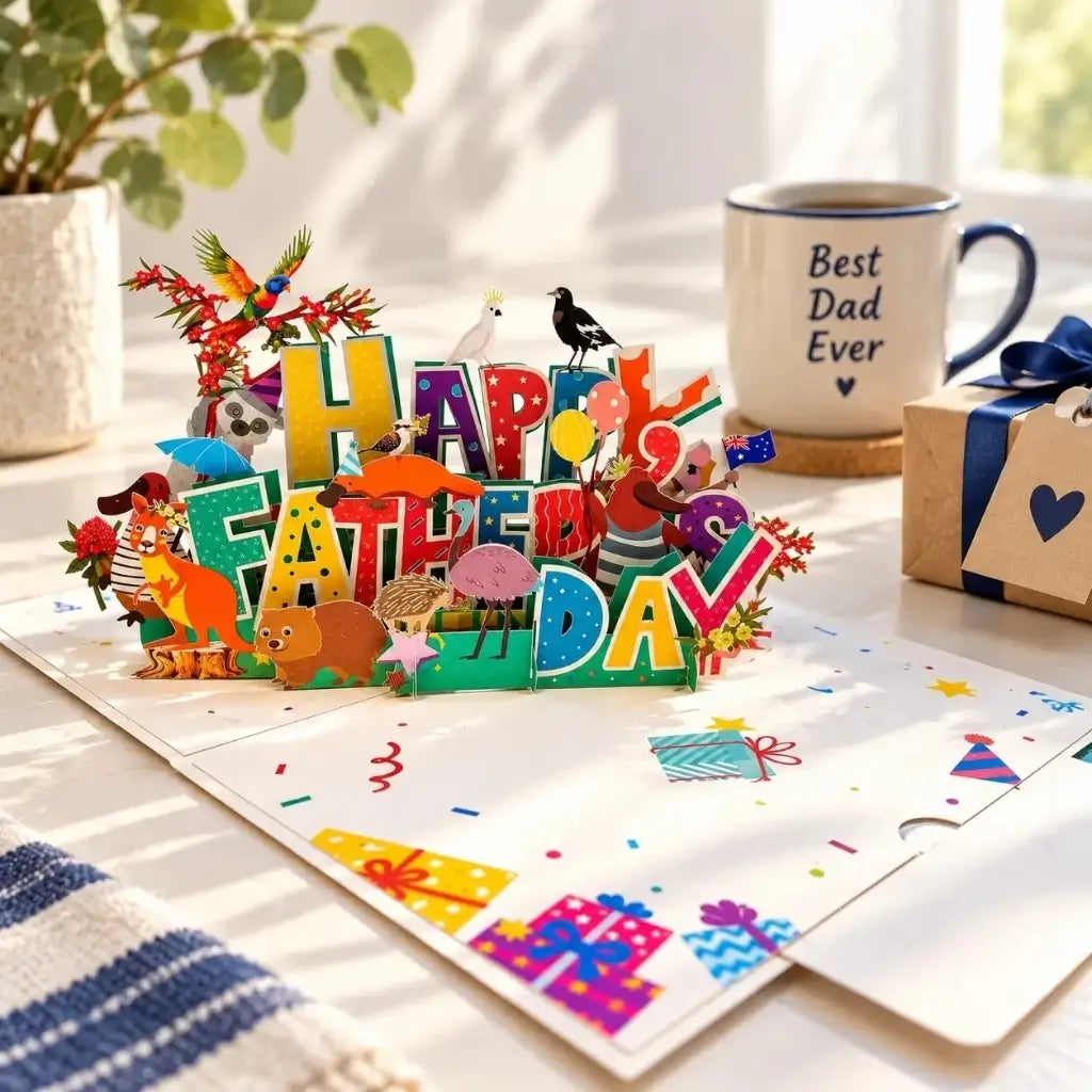 Happy Father’s Day greeting card with kangaroo, wombat and native birds