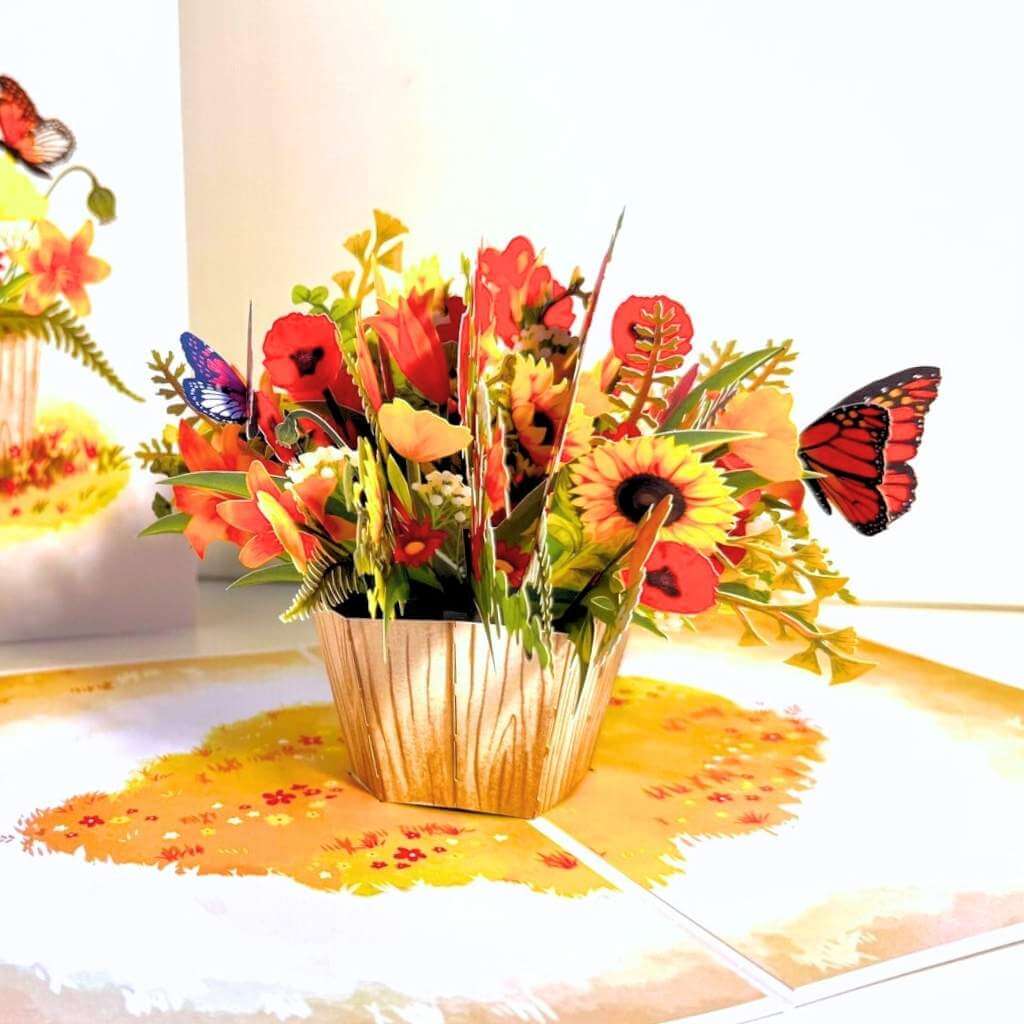 Autumn Flowers in Bucket with Butterflies 3D Pop Up Greeting Card