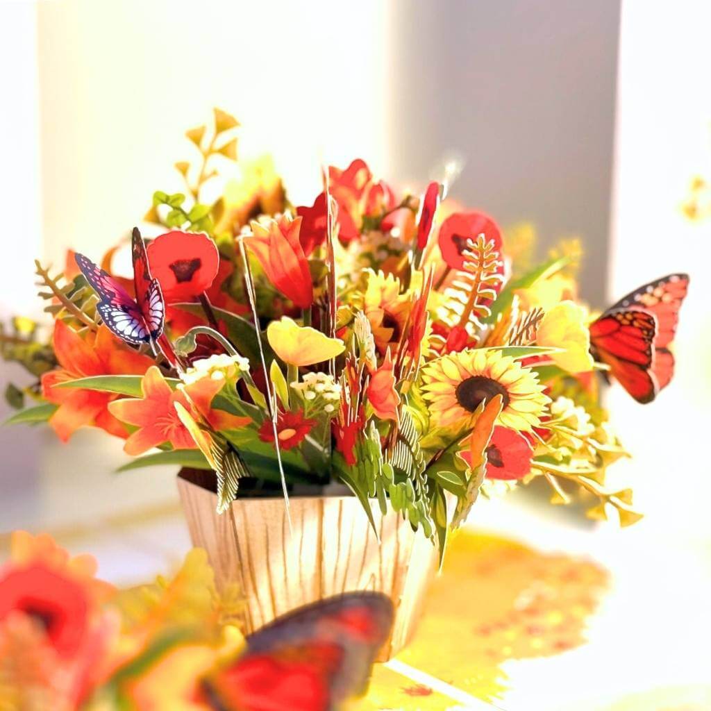 Autumn Flowers in Bucket with Butterflies 3D Pop Up Greeting Card