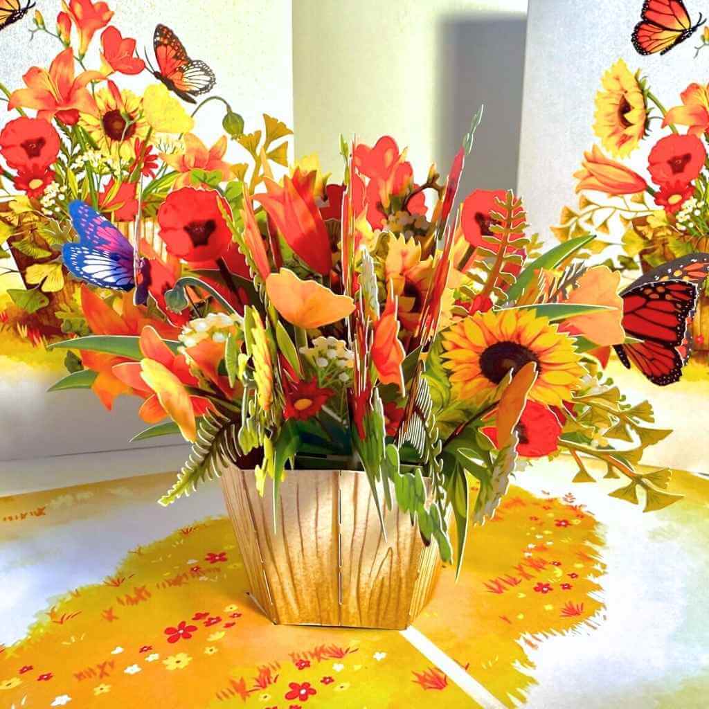 Autumn Flowers in Bucket with Butterflies 3D Pop Up Greeting Card