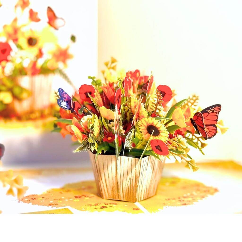 Autumn Flowers in Bucket with Butterflies 3D Pop Up Greeting Card