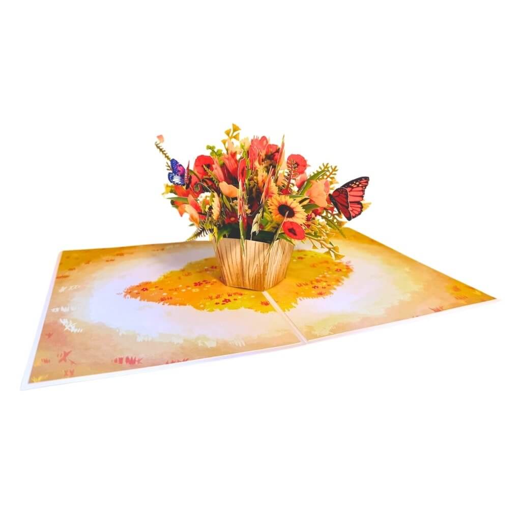 Autumn Flowers in Bucket with Butterflies 3D Pop Up Greeting Card