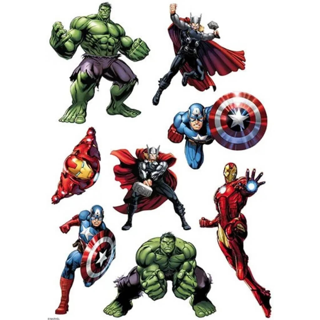 A4 Avengers edible icing sheet featuring Iron Man, Captain America, Hulk and Thor with eight individually cuttable Marvel superhero cake decorations for birthday cakes.
