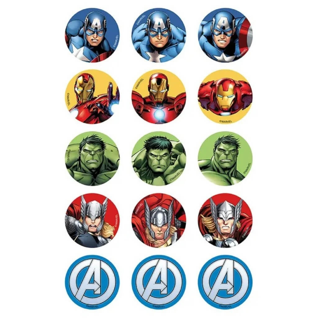 Avengers edible cupcake toppers featuring Captain America, Iron Man, Hulk, Thor and the Avengers logo on a 5cm pre-cut edible image sheet with 15 superhero cupcake decorations.