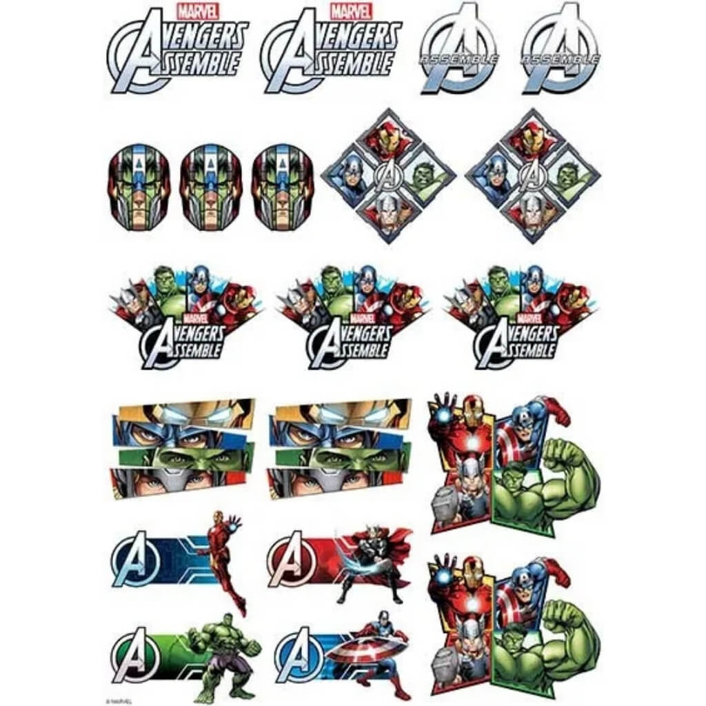 A4 Avengers Icons edible icing sheet featuring Avengers Assemble logos, superhero icons and Marvel character graphics for creating customised superhero birthday cakes.