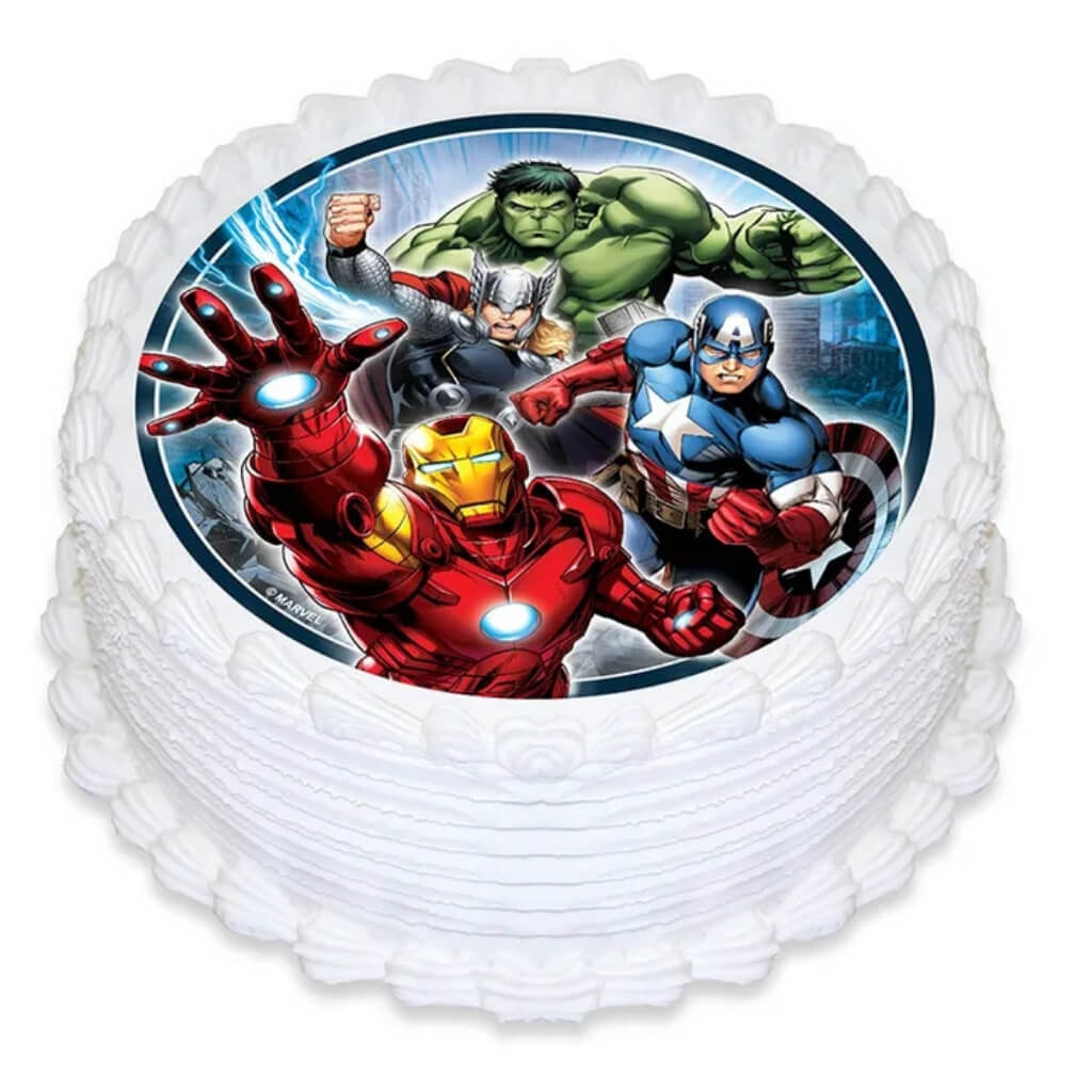 Round 16cm Avengers edible icing cake image featuring Iron Man, Captain America, Hulk and Thor for decorating Marvel superhero birthday cakes with a vibrant edible cake topper.