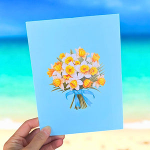 Yellow Daffodil Flower Bouquet Floral Pop Card - Baby Blue Cover