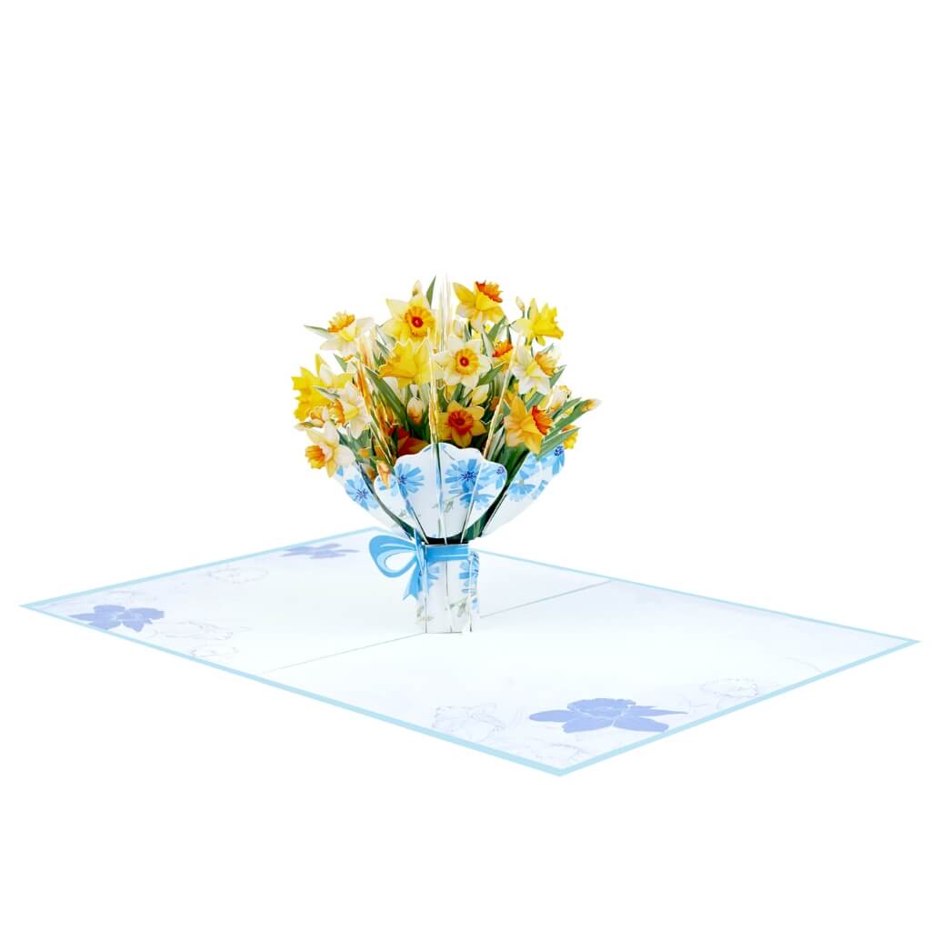 Handmade Yellow Daffodil Flower Bouquet 3D Floral Pop Up Greeting Card - Blue Cover.