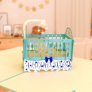 Handmade Online Party Supplies Blue Cot Baby Shower 3D Pop Up Card