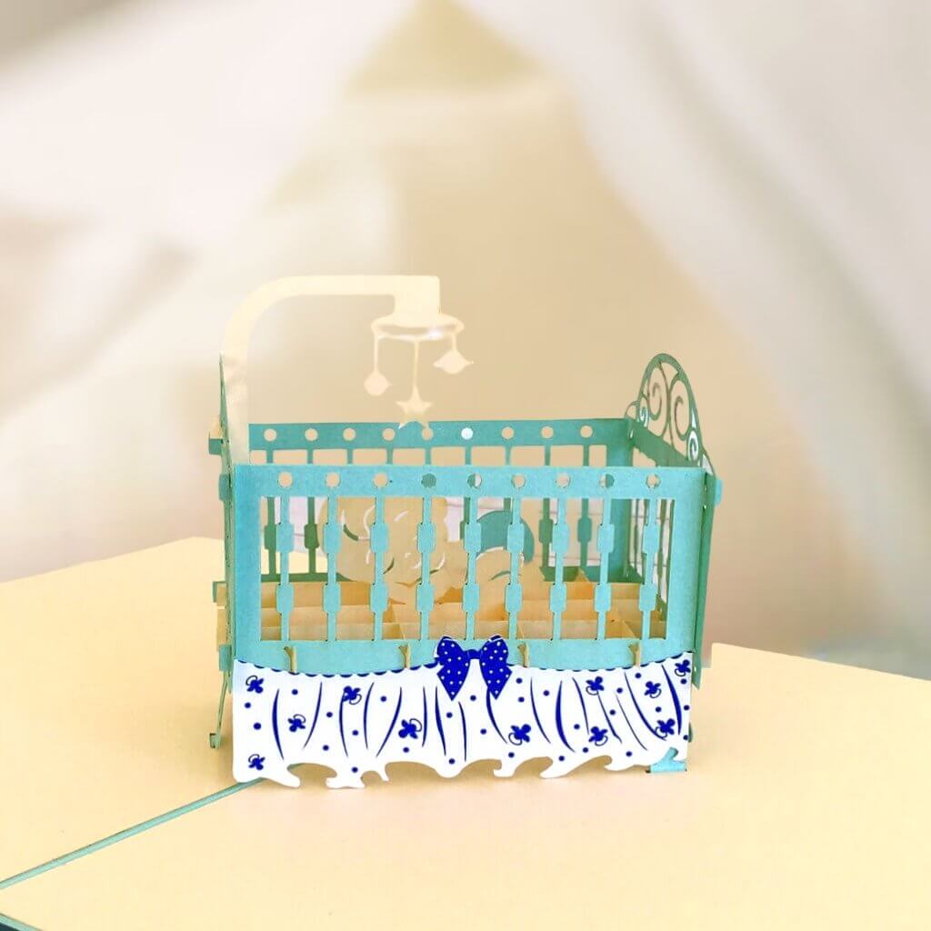 Handmade Online Party Supplies Blue Cot Baby Shower 3D Pop Up Card