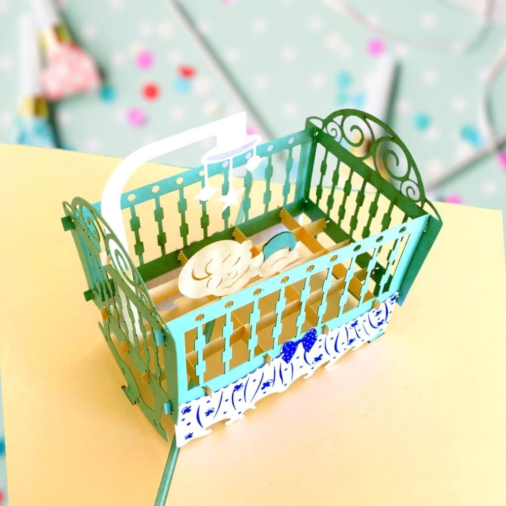 Handmade Online Party Supplies Blue Cot Baby Shower 3D Pop Up Card