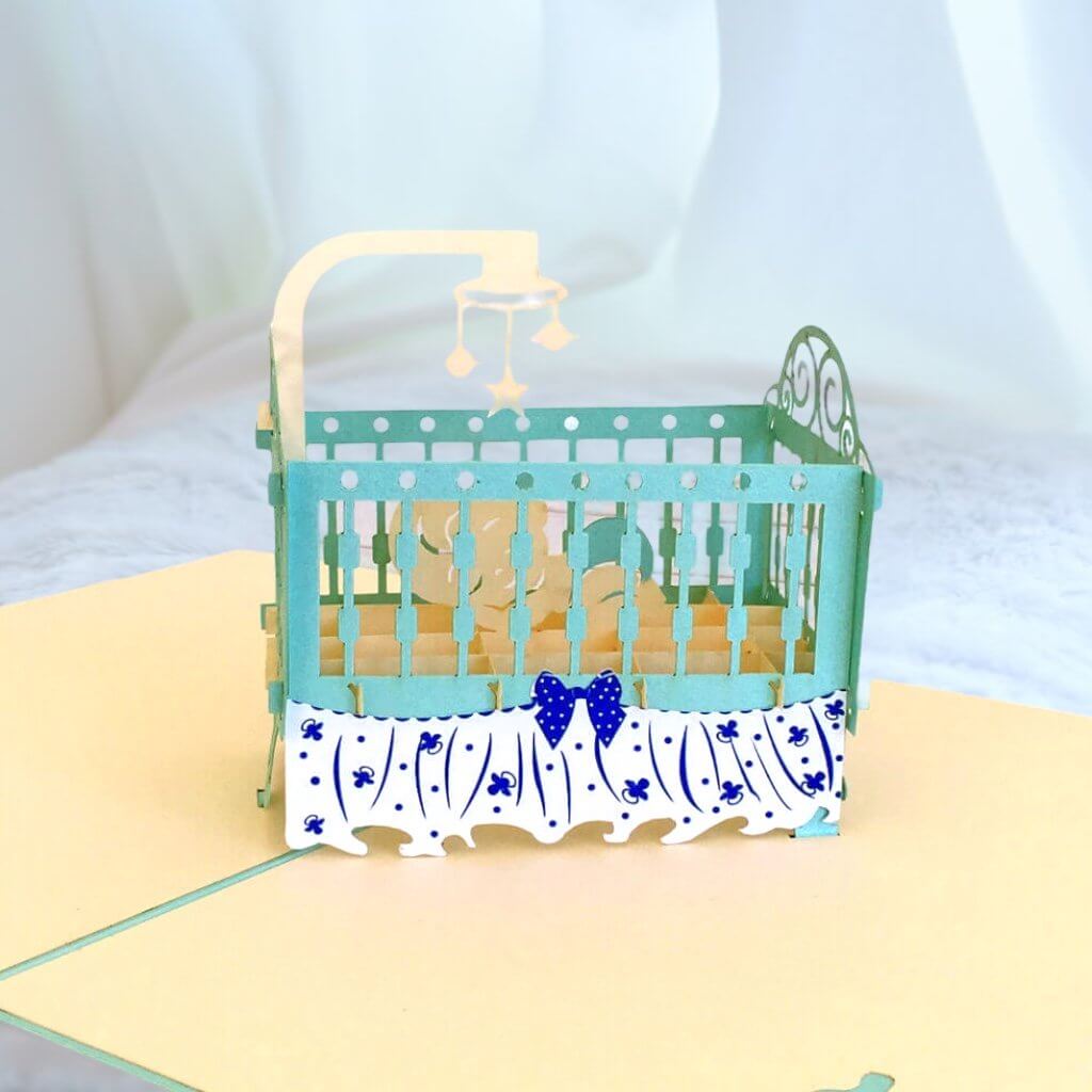 Handmade Online Party Supplies Blue Cot Baby Shower 3D Pop Up Card