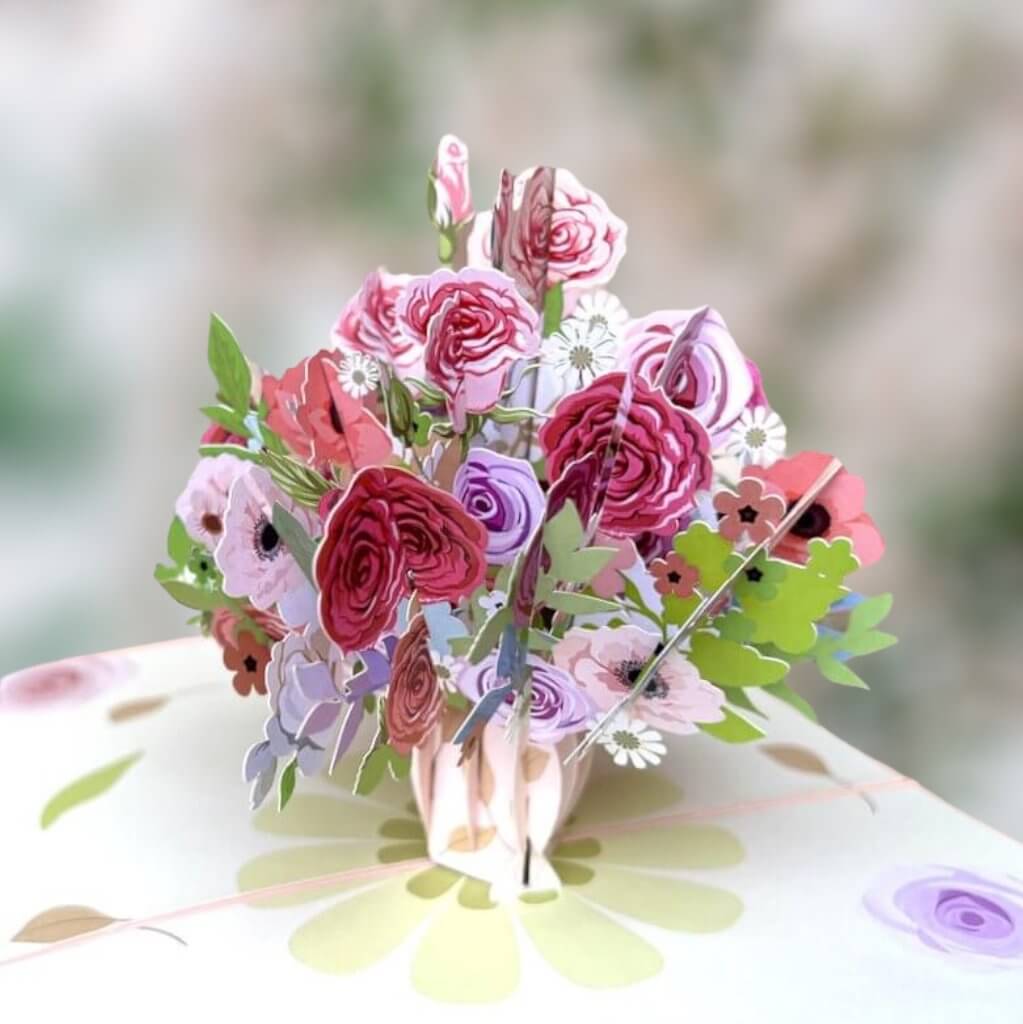 Handmade Baby Pink Rose Bouquet in Vase 3D Pop Up Card