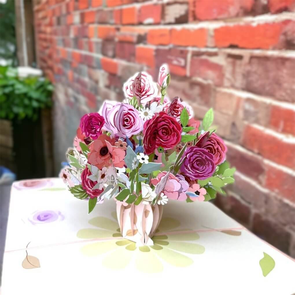 Handmade Baby Pink Rose Bouquet in Vase 3D Pop Up Card